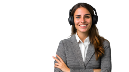 Smiling businesswoman with headphones in a professional setting ready for a virtual meeting or online customer service call looking directly at the viewer