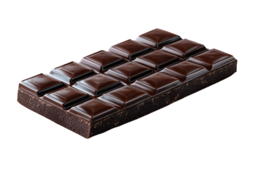 Rich dark chocolate bar with glossy squares on a black background