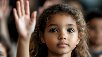 Young mixed-race girl with curly hair and expressive eyes in classroom setting with raised hands in background, representing education and participation.