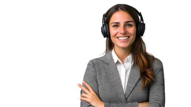 Smiling businesswoman with headphones in a professional setting ready for a virtual meeting or online customer service call looking directly at the viewer