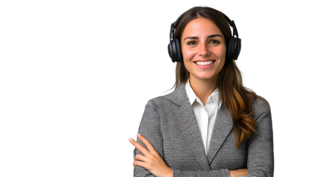 Smiling businesswoman with headphones in a professional setting ready for a virtual meeting or online customer service call looking directly at the viewer