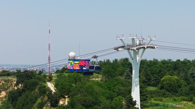 Drone flying over Pech David Hill in Toulouse France, View on cable car.