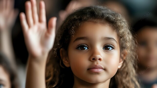 Young mixed-race girl with curly hair and expressive eyes in classroom setting with raised hands in background, representing education and participation.