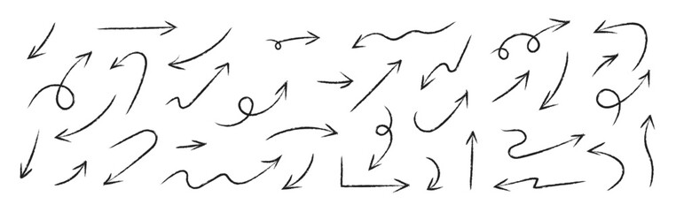 Arrow drawn hand vector line icon set. Hand drawn brush chalk stroke arrow curve, thin pencil scribble shape with vintage charcoal crayon texture. Doodle up down arrow symbol. Vector illustration