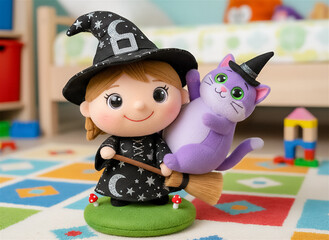 Cute Little Witch With A Purple Cat And A Witches' Hat In A Colourful Kids Room