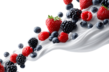 Fresh mixed berries cascading into creamy yogurt splash on black background