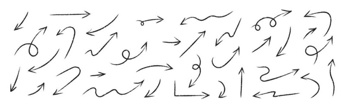 Arrow drawn hand vector line icon set. Hand drawn brush chalk stroke arrow curve, thin pencil scribble shape with vintage charcoal crayon texture. Doodle up down arrow symbol. Vector illustration