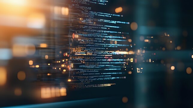 Programming code lines with glowing light effects and bokeh on dark background, digital technology concept for software development and coding.