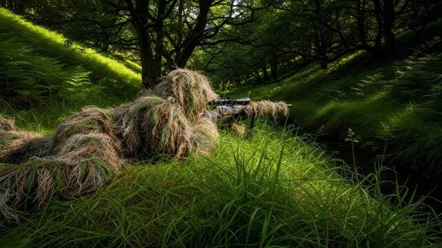 Hunter in ghillie suit aiming rifle from kneeling and prone positions in lush green forest during tactical hunt footage.