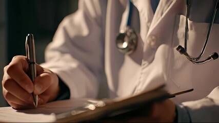 A doctor writes notes on a clipboard with a pen while seated at a desk in a clinical setting. The focused doctor captures important patient information during a consultation. - Powered by Adobe