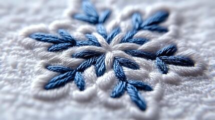 Delicate blue snowflake embroidery on white fabric, showcasing intricate needlework with selective focus highlighting texture and craftsmanship.