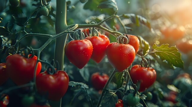 Fresh ripe red tomatoes growing on vine with water drops in morning sunlight, organic vegetable garden produce with natural bokeh background.
