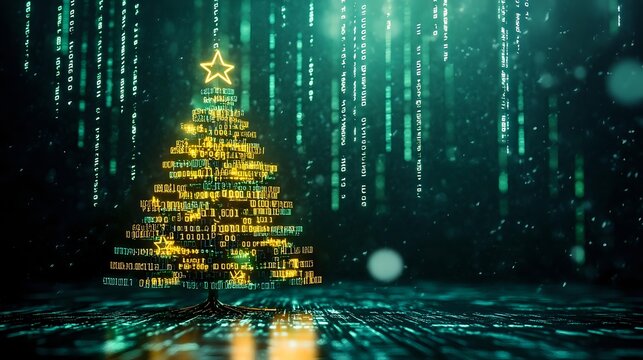 Digital Christmas tree made of binary code against green matrix background, symbolizing technology and holiday celebration in cyberspace.