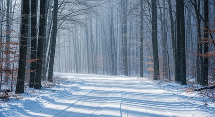 Naklejka premium Quiet winter scene, Tranquil frostcovered forest scene with muted colors and soft light