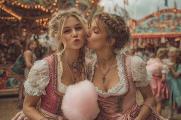 Naklejka premium Two young women in Dirndl dress or tracht, kissing with cotton candy floss at the Oktoberfest