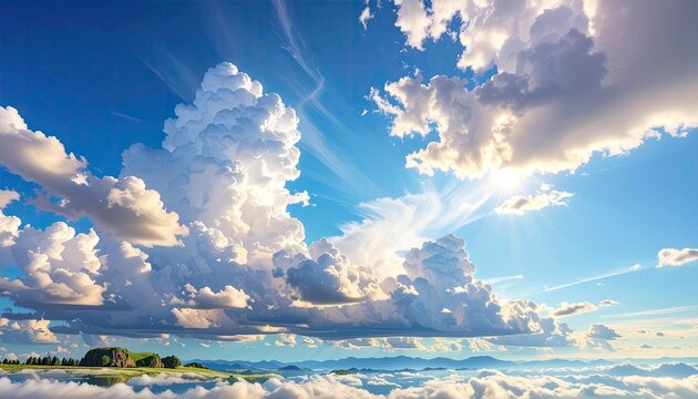 Dramatic Cumulus Clouds Illuminated by Brilliant Sunlight Reflected in Calm Water Under a Vast Blue Sky