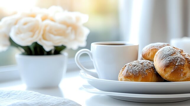 Morning coffee with fresh pastries and white roses on windowsill, creating cozy breakfast atmosphere with soft natural light. - Powered by Adobe