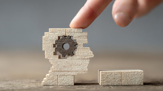 Finger touching wooden human head puzzle with gear mechanism inside, symbolizing mental processes, problem-solving, and cognitive development.