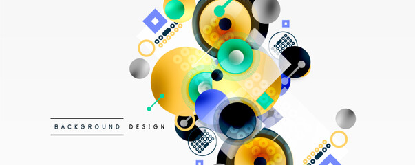 Obraz premium Abstract geometric shapes, vibrant colors, modern design elements. Circles, squares, gradients create dynamic composition. Minimalist style.