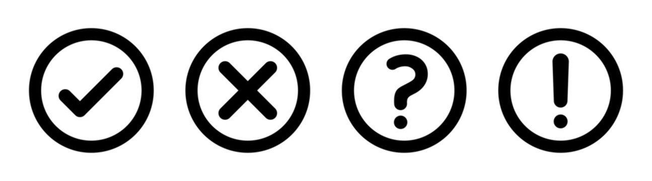 Right, wrong, checkmark, tick, cross, exclamation, question mark icon set outline vector illustration, Yes no alert attention and help sign.