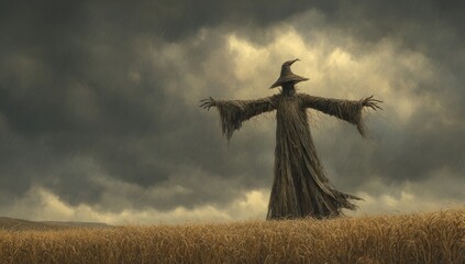 Mysterious Scarecrow Witch in a Field Under a Stormy Sky.