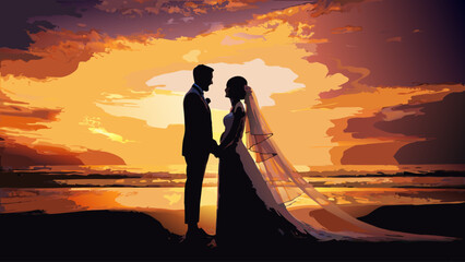 Stunning silhouette of bride and groom holding hands at sunset, romantic wedding on the beach, golden hour light casting warm glow for dreamy nuptials