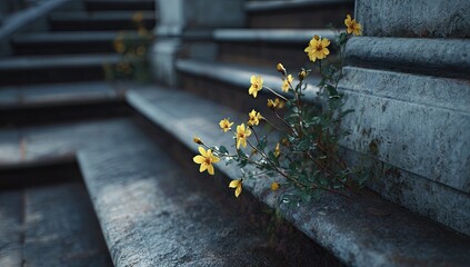 Small Yellow Flowers Growing on Old Stone Steps.