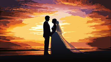 Romantic wedding silhouette against a vibrant sunset, capturing love and commitment, perfect for invitations, announcements, or heartfelt messages of devotion