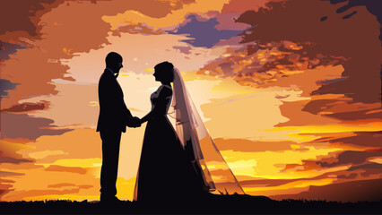 Elegant wedding silhouette against warm sunset sky, romantic bride and groom holding hands, modern stylish wedding with a vector graphic aesthetic