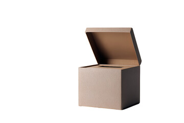Fototapeta premium Open cardboard box with lid slightly ajar against a stark black background