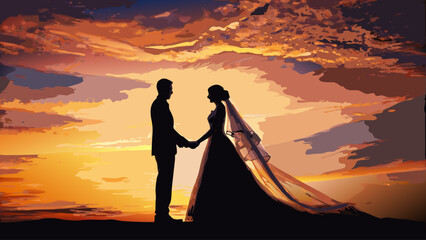 Romantic silhouette of a newlywed couple holding hands at sunset, celebrating their love and commitment with golden hour light and a vibrant sky
