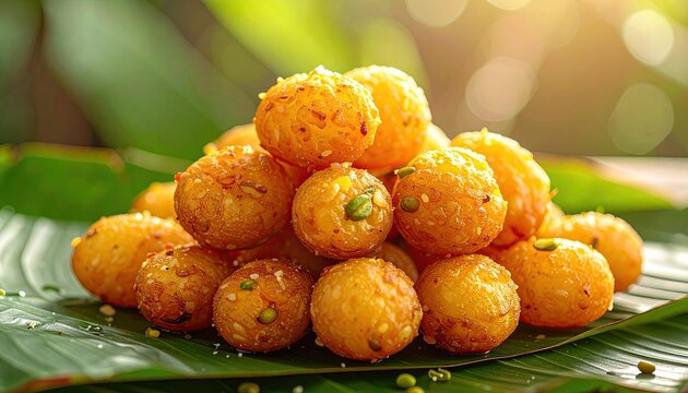 Golden Cham Cham Sweets Piled High On A Green Leaf Background With Soft Bokeh Lighting