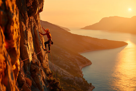 Determined male rock climber scaling steep coastal cliff face during epic golden hour sunset.
