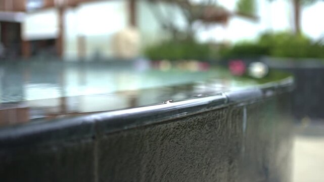 Calm water surface on edge pool flowing over black tile in tropical garden