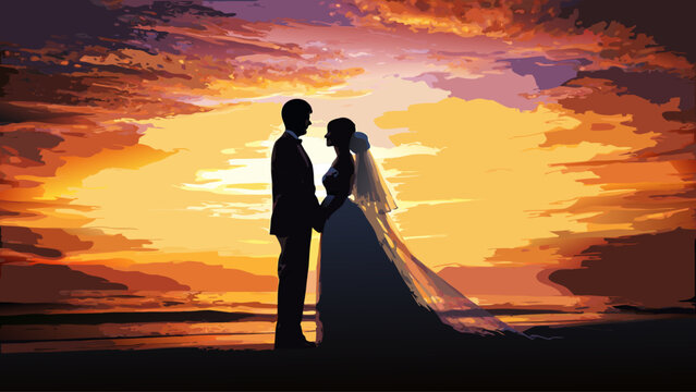 Romantic wedding silhouette against a vibrant sunset, capturing love and commitment, perfect for invitations, announcements, or heartfelt messages of devotion
