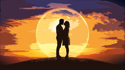 Romantic couple embraces tenderly against a stunning sunset, love and connection, silhouette against warm sky, ideal for romance travel or relationship concepts