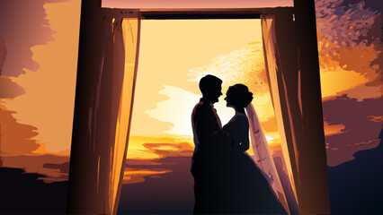 Romantic silhouette of bride and groom embrace during sunset after wedding, creating a stunning moment of love and commitment, memories for a lifetime