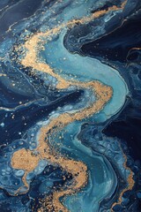 Abstract Flowing Blue and Gold Fluid Art.