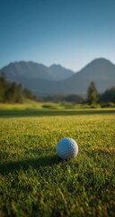 Golf ball on a grassy fairway with mountains in the background.