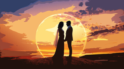 Stunning silhouette of a bride and groom embracing during a romantic sunset, perfect for weddings, engagements, and heartfelt celebrations of love