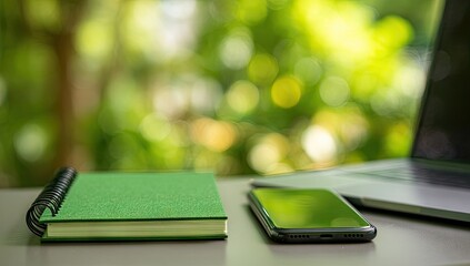Green Notebook, Smartphone, and Laptop on Desk in Natural Light.
