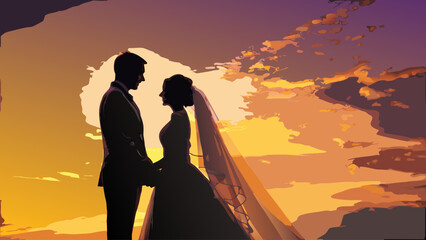 Stunning silhouette of bride and groom holding hands at sunset, celebrating love and commitment, perfect for wedding invitations and romantic themes