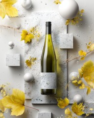 Elegant White Wine Bottle Display with Autumnal Accents.