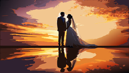 Romantic wedding silhouette at sunset reflecting on water, capturing the essence of love and commitment, ideal for invitations and celebrations