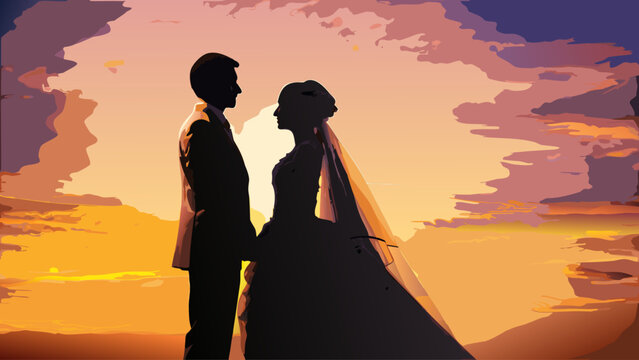 Romantic wedding silhouette art featuring bride and groom at sunset, perfect for invitations, announcements, and heartfelt celebrations of love