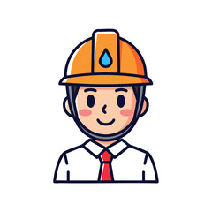 A friendly cartoon engineer character wearing an orange hard hat with a blue water drop symbol.