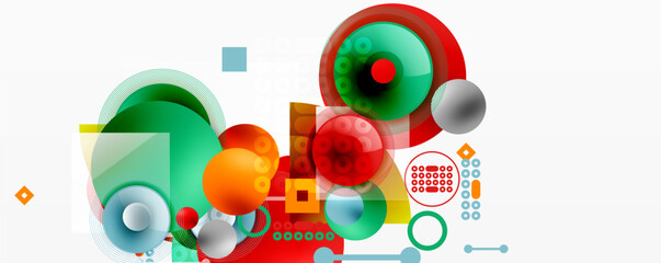Abstract composition. Colorful circles, squares overlap. Modern design elements create dynamic visual experience. Bright hues dominate.