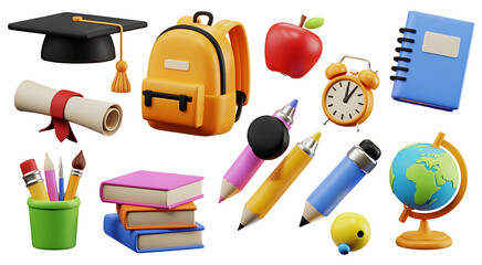 Icons set for back to school, learning and onlline education banners. School bag, notebook, writing accessories, globe, books stack, clock and graduation cap. 3d high quality isolated render