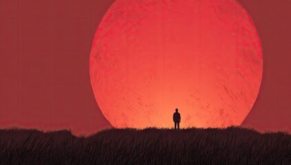Solitary Figure Underneath a Crimson Sun.