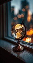 Small Glass Globe on Windowsill at Night.